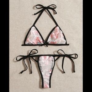 Pink & Black, Embroidery, Mesh, Lingerie Set
